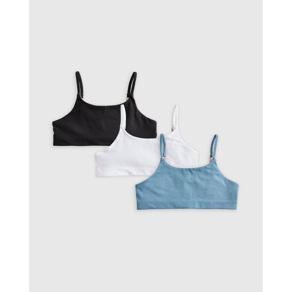 Quince Kids Organic Cotton Stretch Reversible Bralette 3-Pk Blk/Wht/Blu Size 10 - Picture 1 of 5